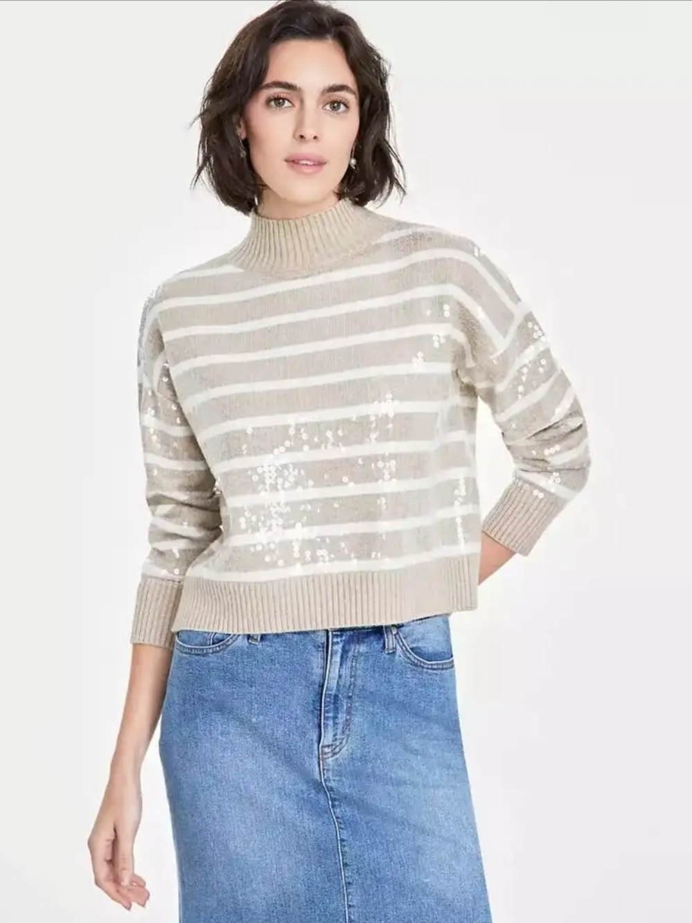 Sequin Stripe Turtleneck Sweater - Beige & Cream